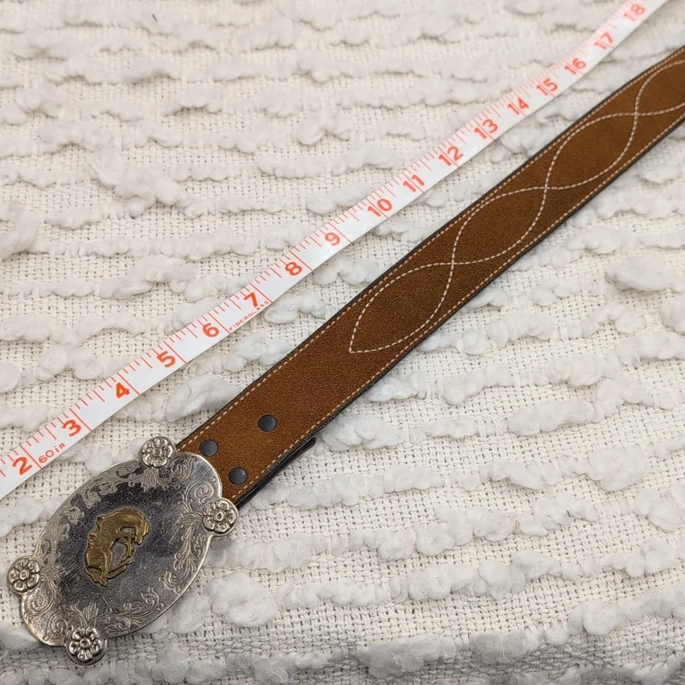 Vintage Western Cowboy Camel Leather Men's Belt Nickel Silver Bronco Buckle